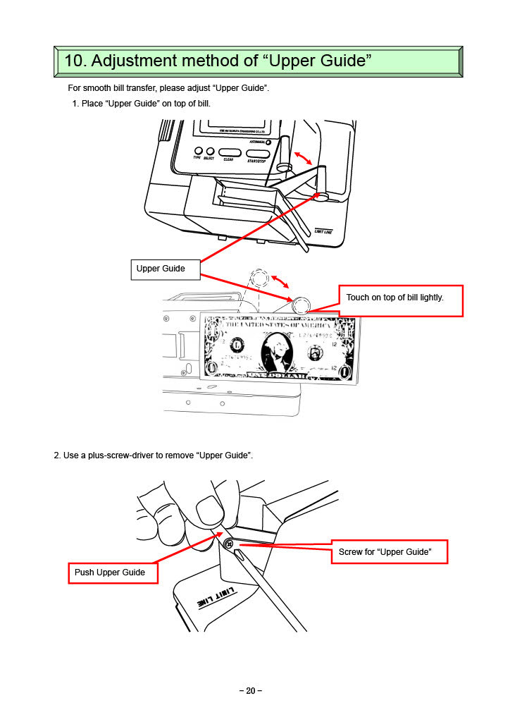 EXC-6700 MULTI-COUNTERFEIT BILL DETECTOR MATSUMURA4+1 Adjustment method of "Upper Guide"