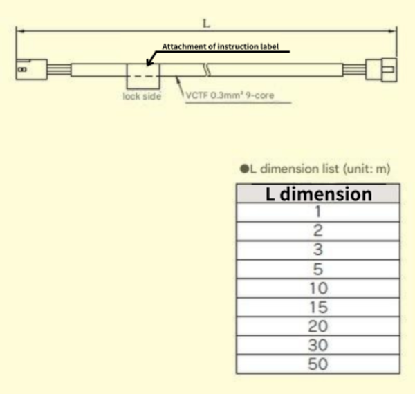 MIWA LOCK DEN wiring cords (2C & 9C) for connecting electric locks L dimension