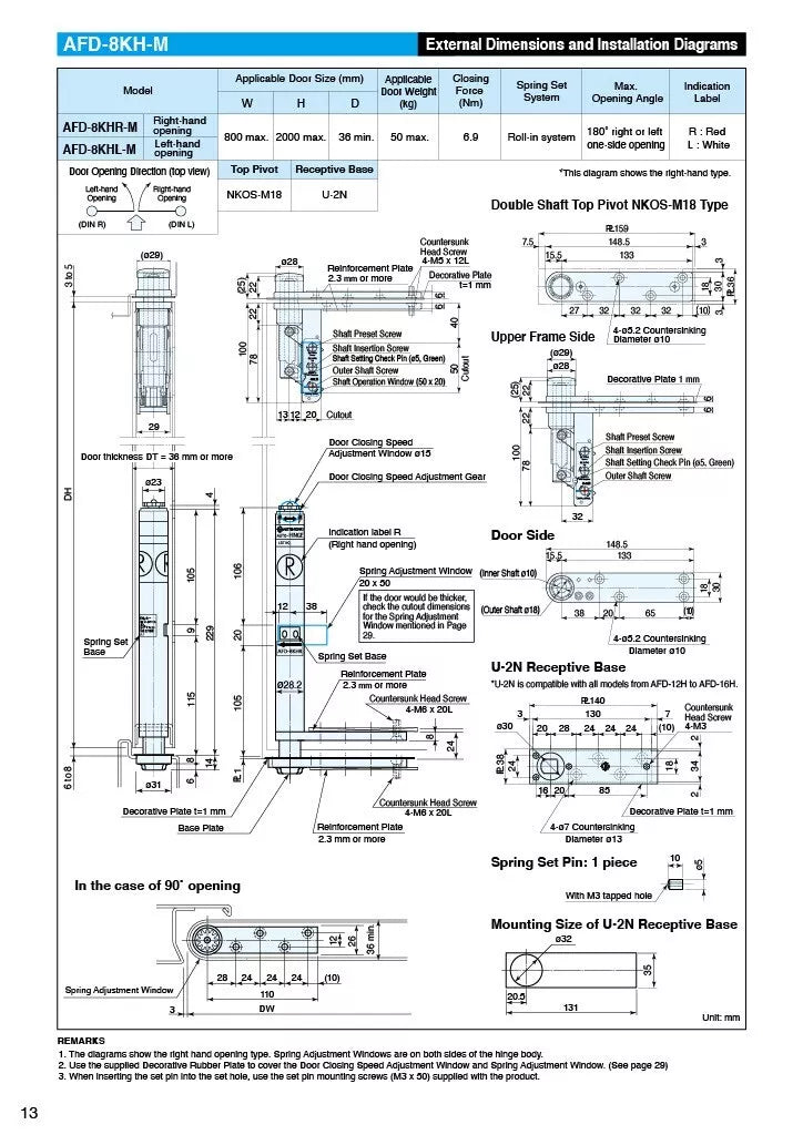 NITTO KOHKI Auto-Hinge Center Hang Type AFD-8KH-M dimensions
