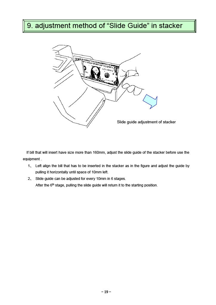 EXC-6700 MULTI-COUNTERFEIT BILL DETECTOR MATSUMURA4+1 Adjustment method of "Slide Guide" in stacker