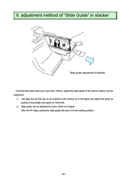EXC-6700 MULTI-COUNTERFEIT BILL DETECTOR MATSUMURA4+1 Adjustment method of "Slide Guide" in stacker