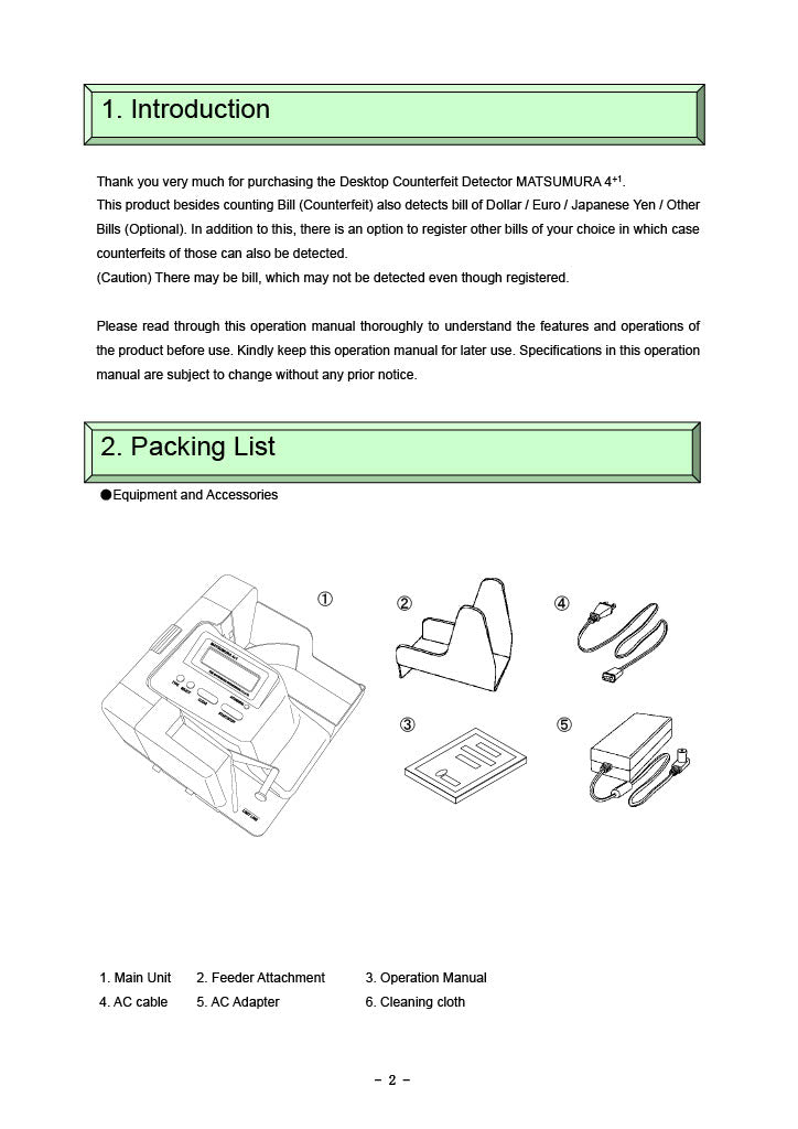 EXC-6700 MULTI-COUNTERFEIT BILL DETECTOR MATSUMURA4+1 Introduction Packing List