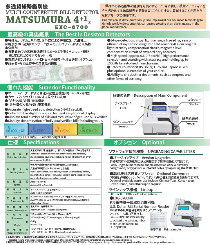 EXC-6700 MULTI-COUNTERFEIT BILL DETECTOR MATSUMURA4+1 product detail