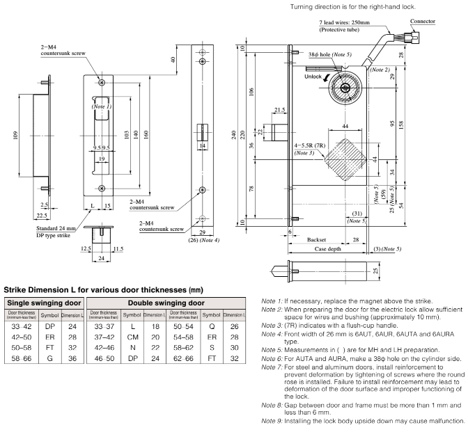 MIWA MIWALOCK AUT series ELECTRIC LOCKS FOR DOORWAYS /  EMERGENCY EXITS Strike Dimension L for Various door thicknesses (mm),Exterior view,Note