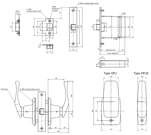 MIWA MWIALOCK OPJ series MUFFLED ONE-TOUCH LATCHES Push-pull locks External cutout view of the product