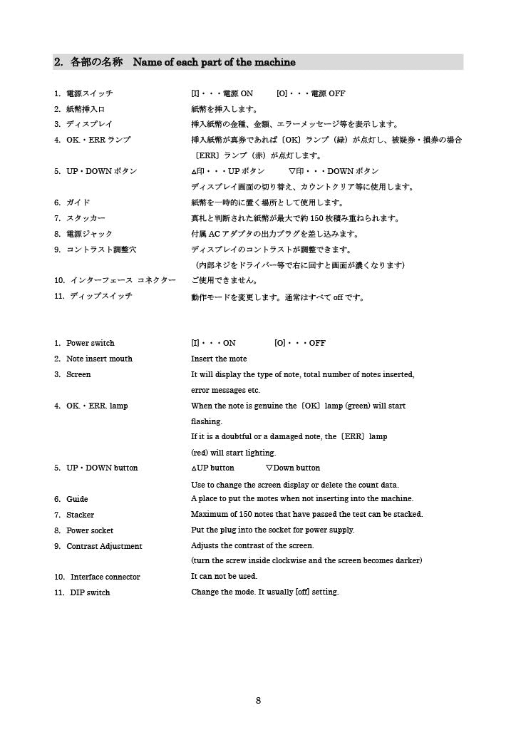 Matsumura Engineering U.S. COUNTEREFEIT BILL DETECTOR EXC-5700A Operation Manual Name of each of the machine