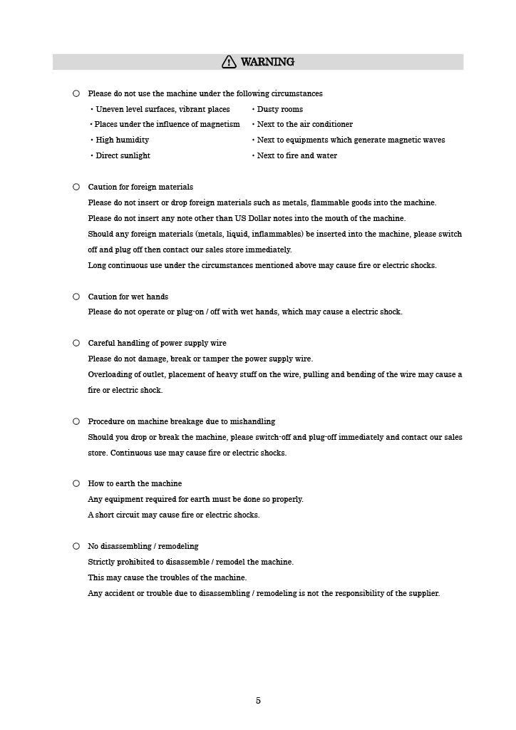 Matsumura Engineering U.S. COUNTEREFEIT BILL DETECTOR EXC-5700A Operation Manual WARNING