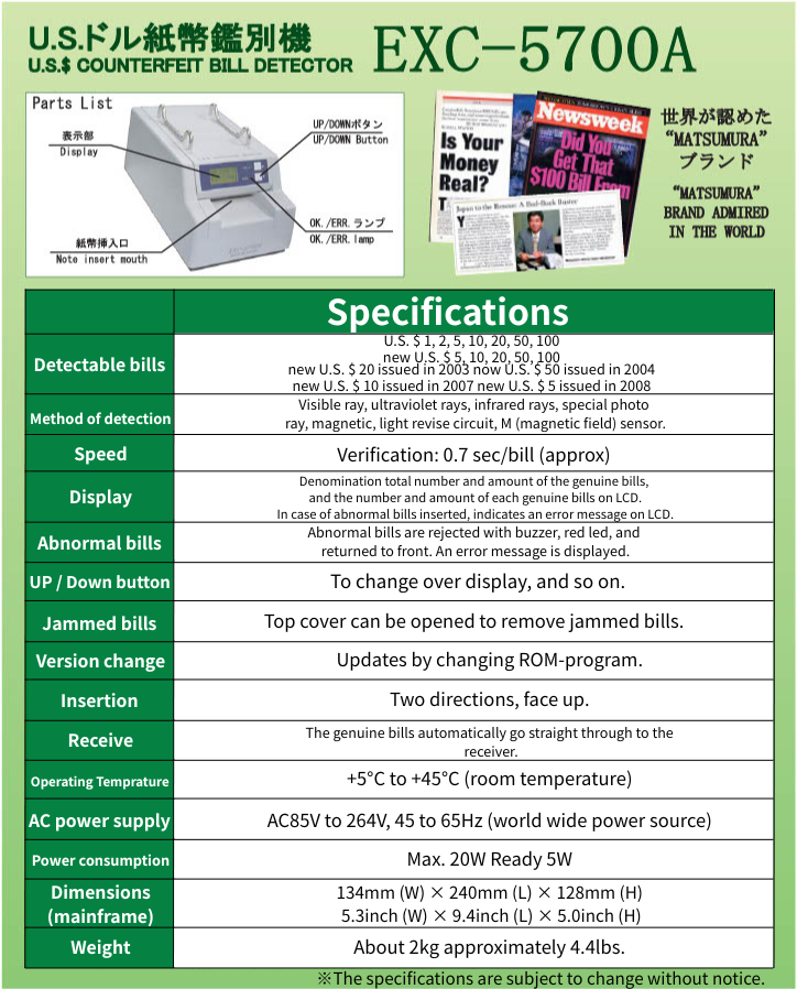 Matsumura Engineering U.S. COUNTEREFEIT BILL DETECTOR_EXC-5700A Specifications 1