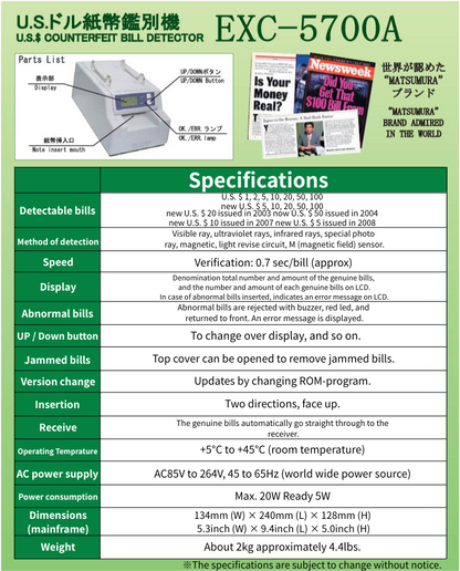 Matsumura Engineering U.S. COUNTEREFEIT BILL DETECTOR_EXC-5700A Specifications 1