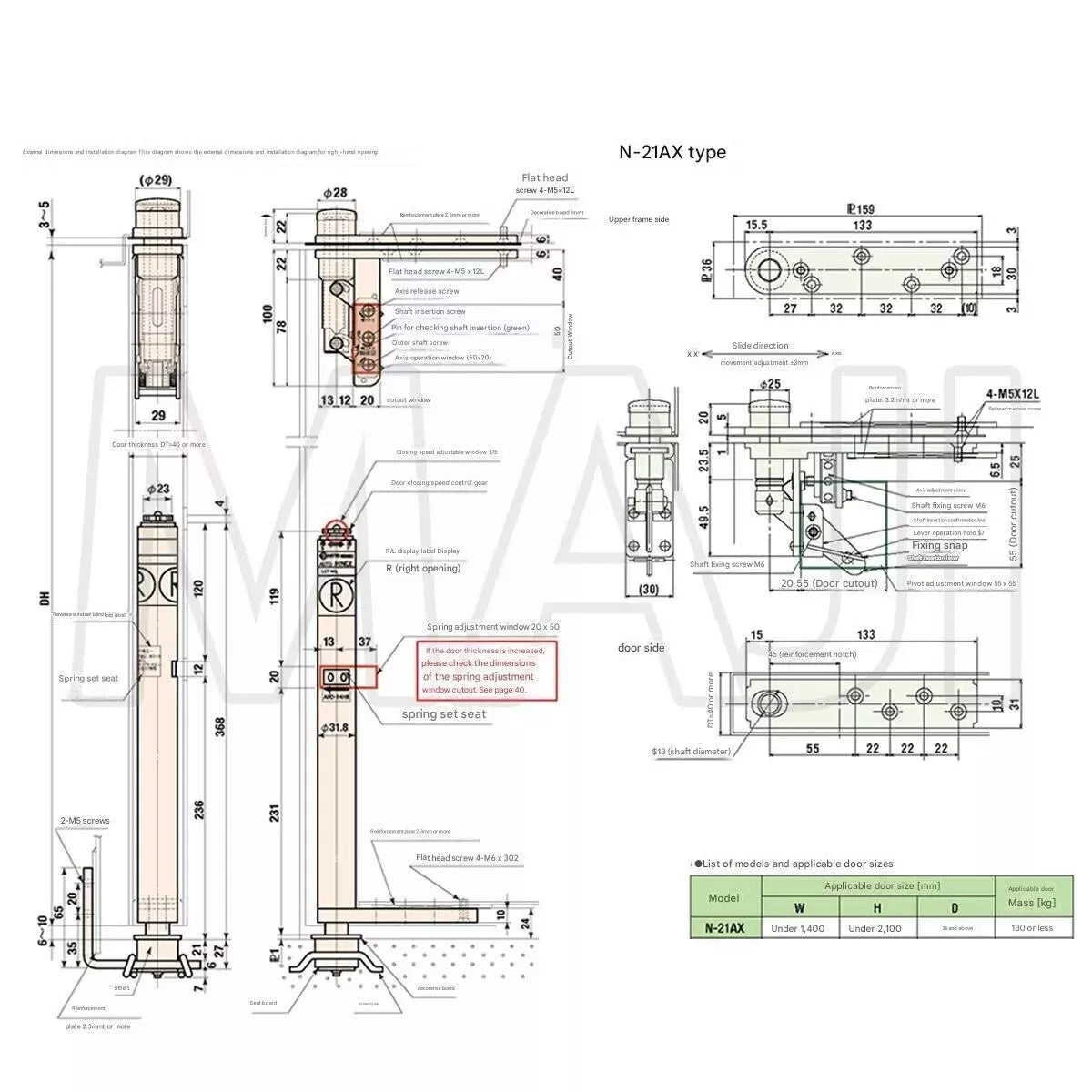NITTO KOHKI AUTO-HINGE AFD Series 14H-AX External Dimensions and Installation Diagram
