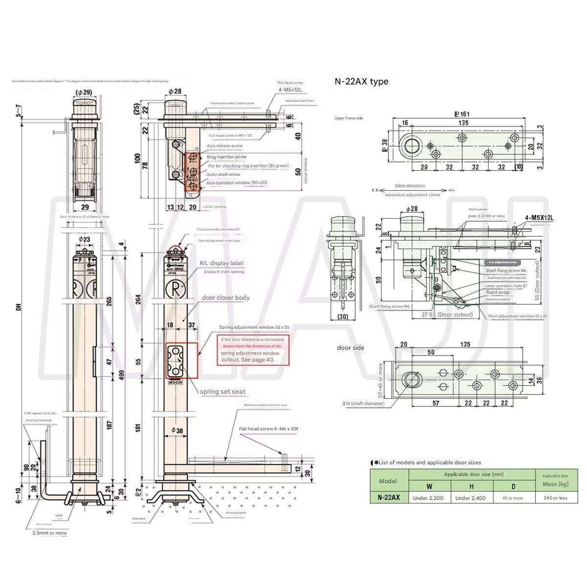 NITTO KOHKI AUTO-HINGE AFD Series 22-AX External Dimensions and Installation Diagram