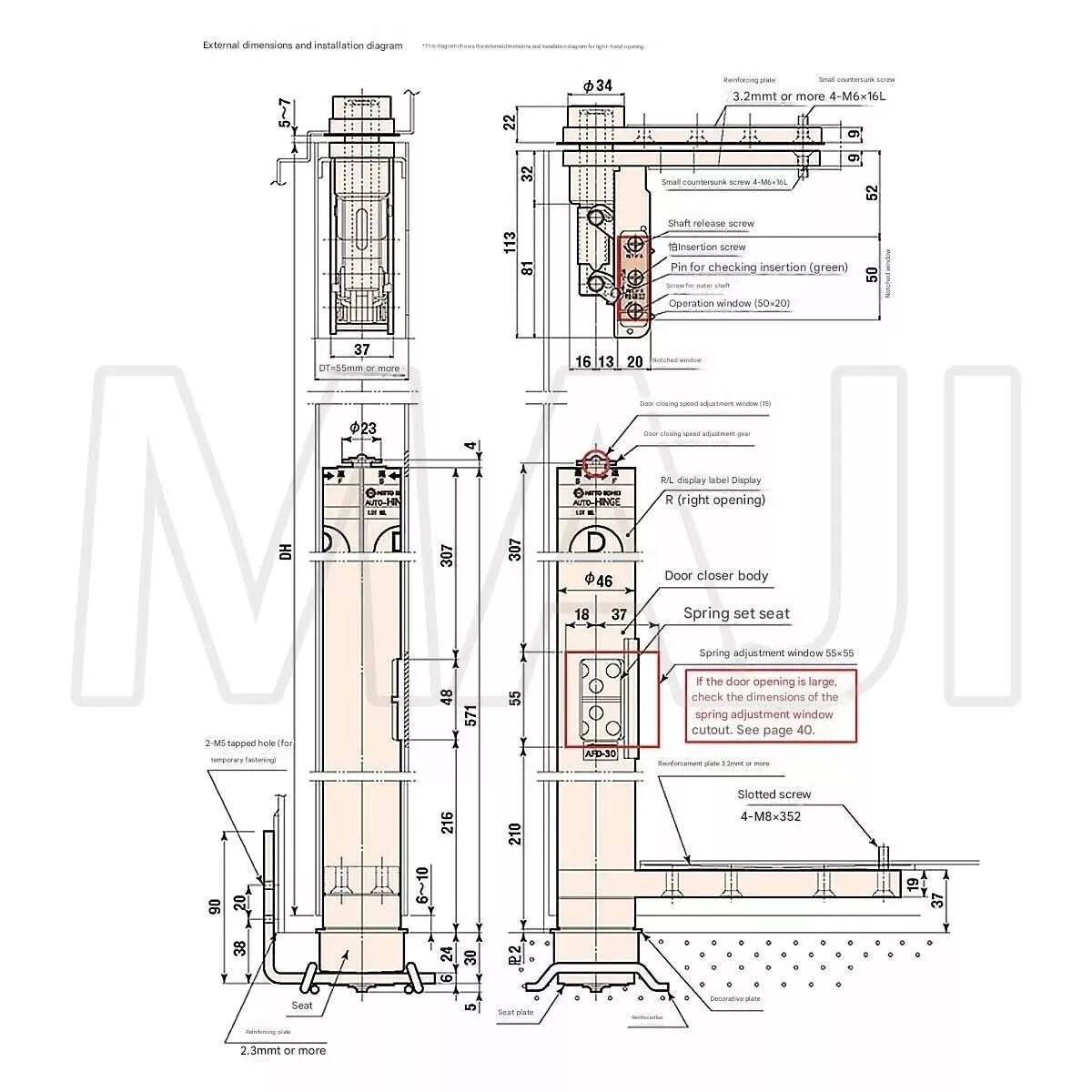 NITTO KOHKI AUTO-HINGE AFD series 30-X External Dimensions and Installation Diagram