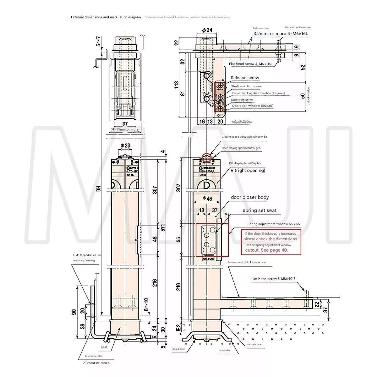 NITTO KOHKI AUTO-HINGE AFD series 35A-X Eternal Dimensions and Installation Diagram