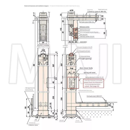 NITTO KOHKI AUTO-HINGE AFD series 35A-X Eternal Dimensions and Installation Diagram