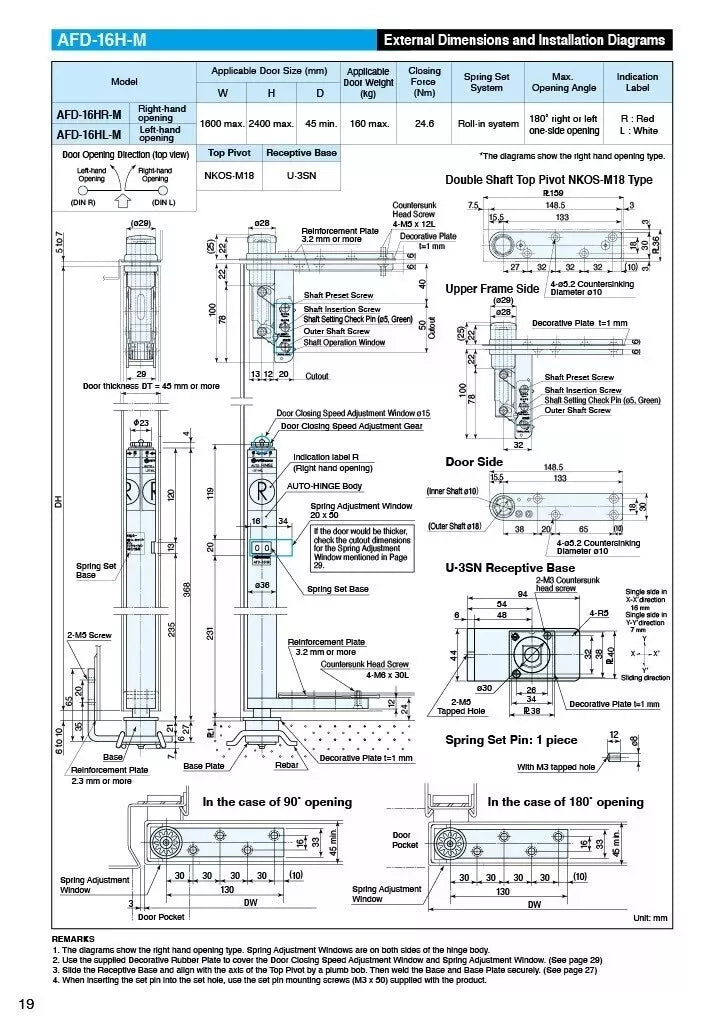 NITTO KOHKI AUTO HINGE AFD series 16H-M Dimensions and Diagrams